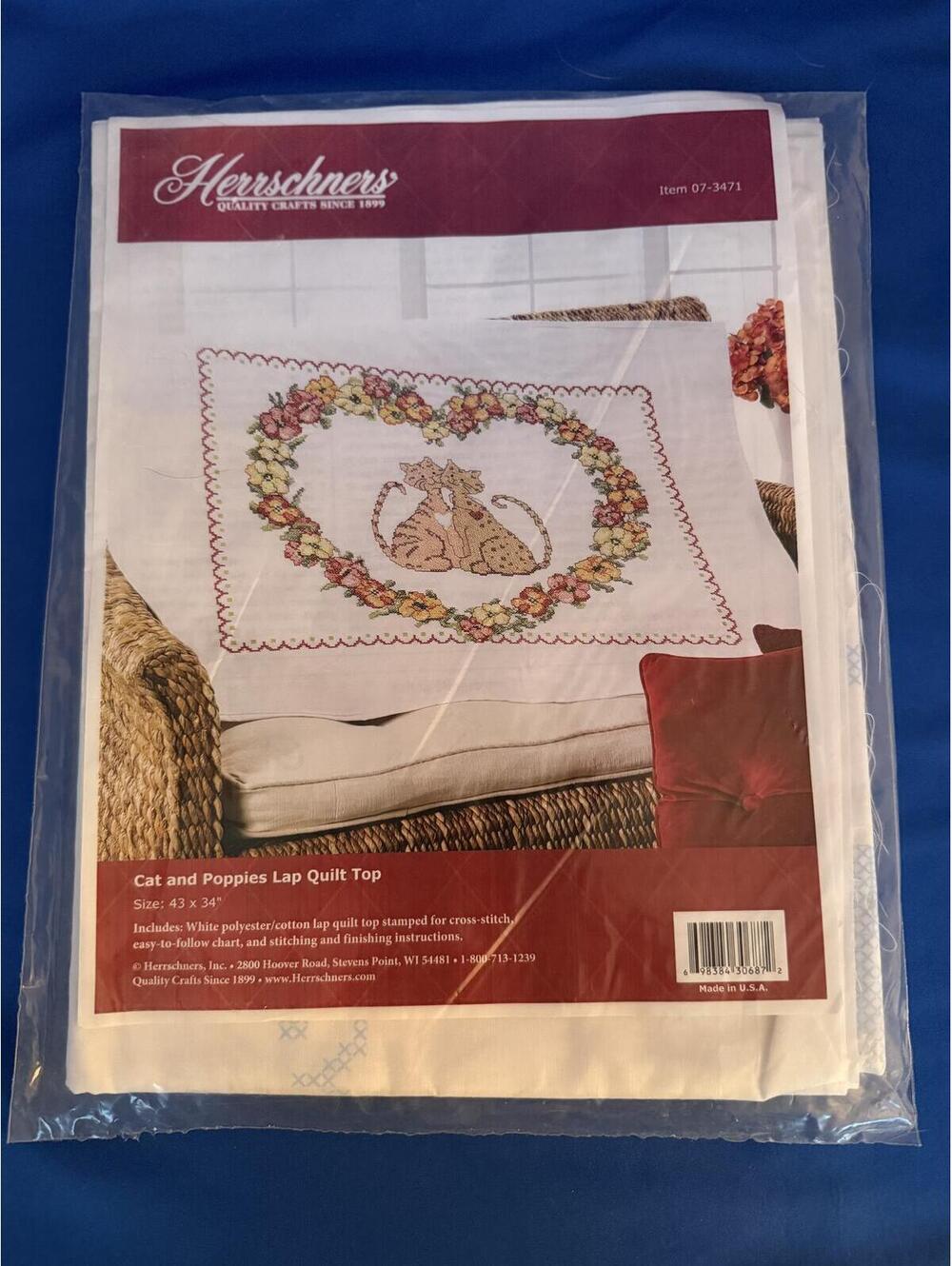Herrschners Lap Quilt Top Cats and Poppies Stamped Cross Stitch No Thread